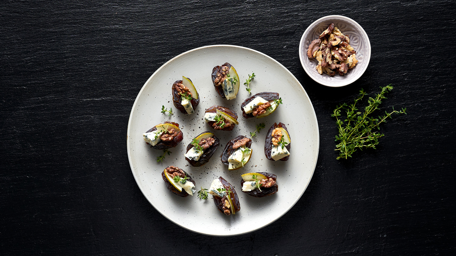 Stuffed dates with Castello Creamy Blue, walnuts and pear